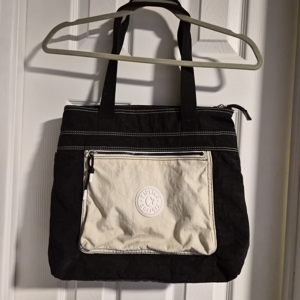 ​Kipling New Shopper Small Tote Bag Black & Ivory Contrast Stitching Star Logo